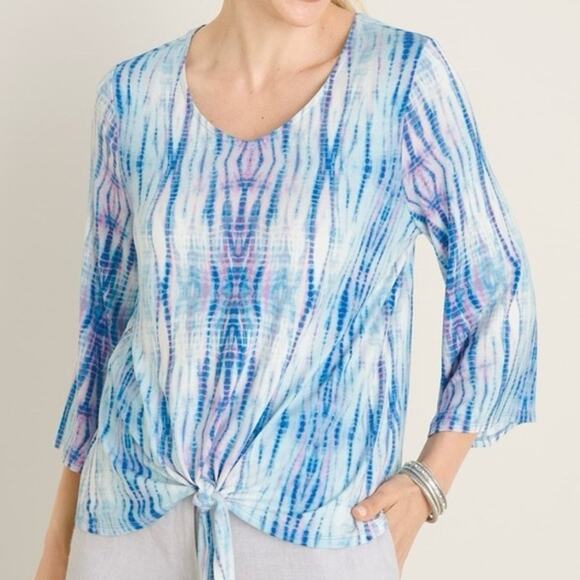 Chico’s Tie Front Tie-Dye Tee Womens XL Blue & Pink Casual V-Neck Knit Top - Picture 1 of 9